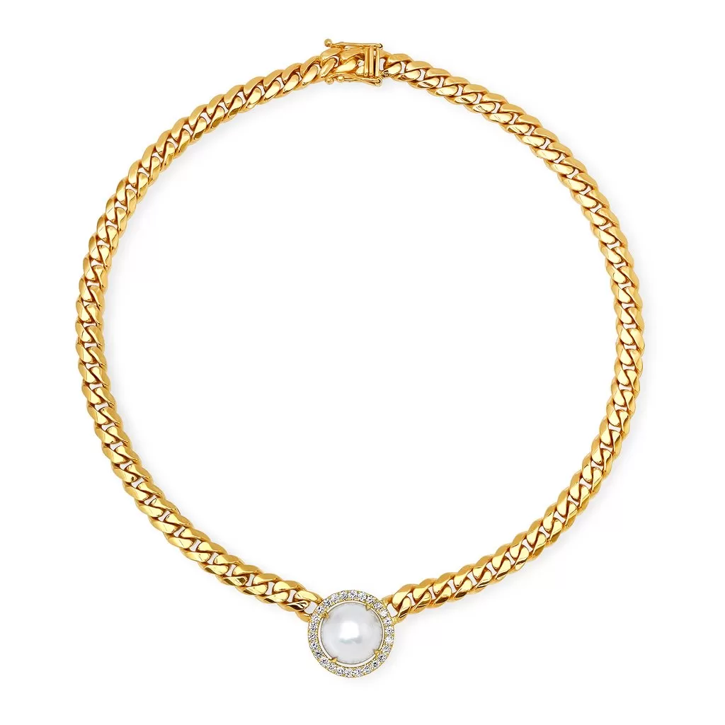 Cuban Link Necklace with Australian Pearl Slice and Diamond Frame