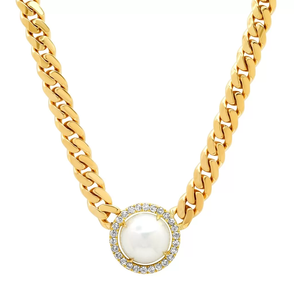 Cuban Link Necklace with Australian Pearl Slice and Diamond Frame