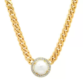 Cuban Link Necklace with Australian Pearl Slice and Diamond Frame