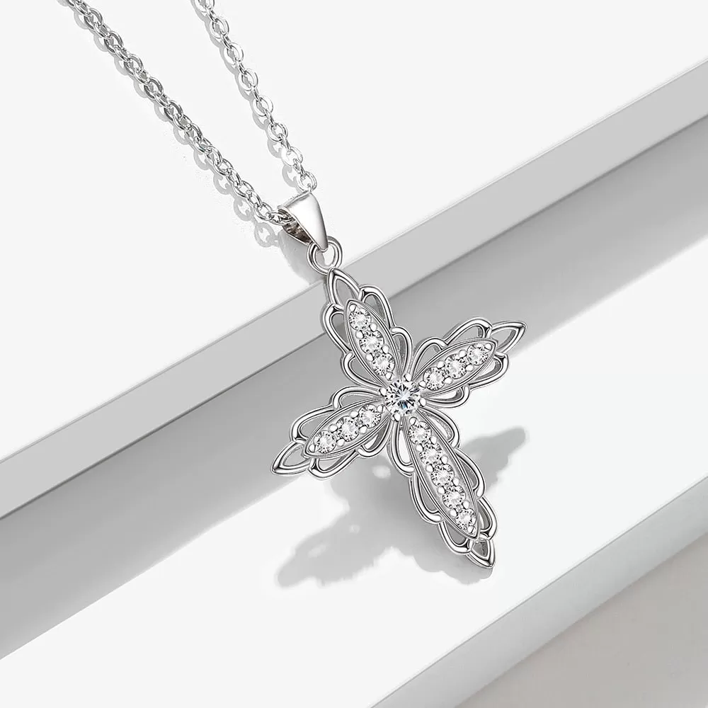 Cubic Zirconia Flower-Shaped Cross 925 Sterling Silver Fashion Pendant Necklace