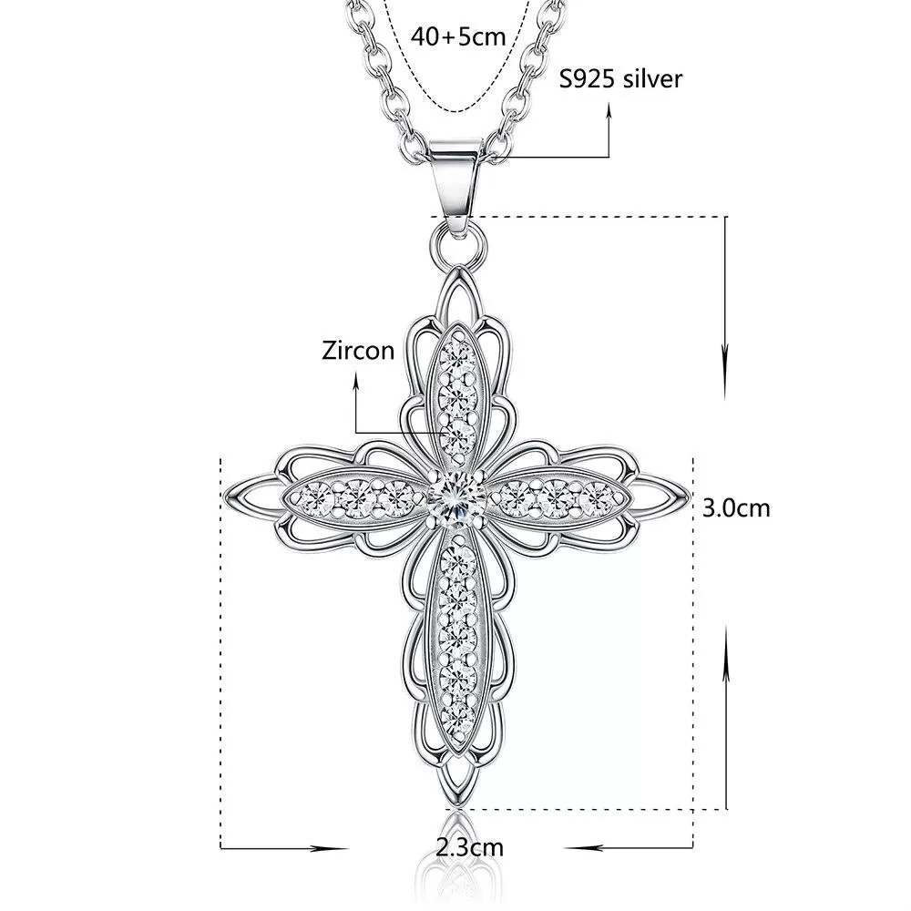 Cubic Zirconia Flower-Shaped Cross 925 Sterling Silver Fashion Pendant Necklace