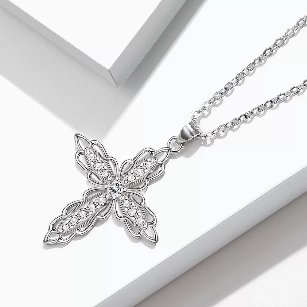 Cubic Zirconia Flower-Shaped Cross 925 Sterling Silver Fashion Pendant Necklace