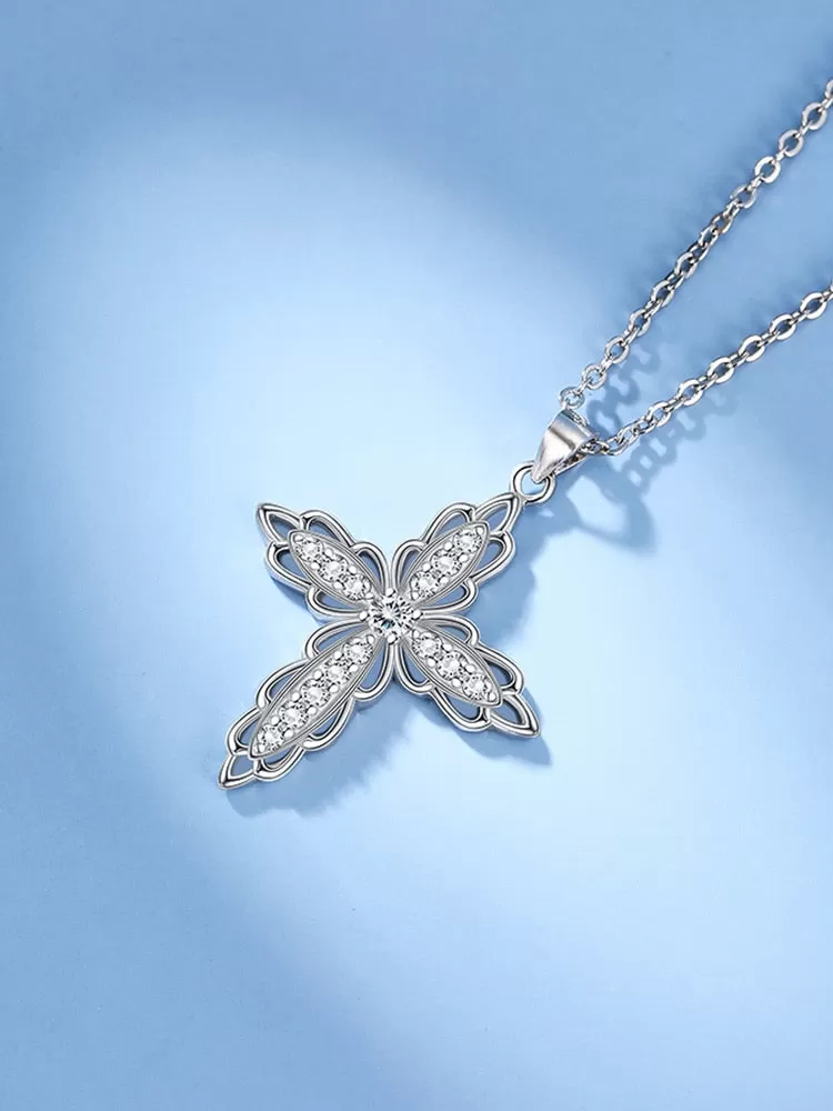 Cubic Zirconia Flower-Shaped Cross 925 Sterling Silver Fashion Pendant Necklace