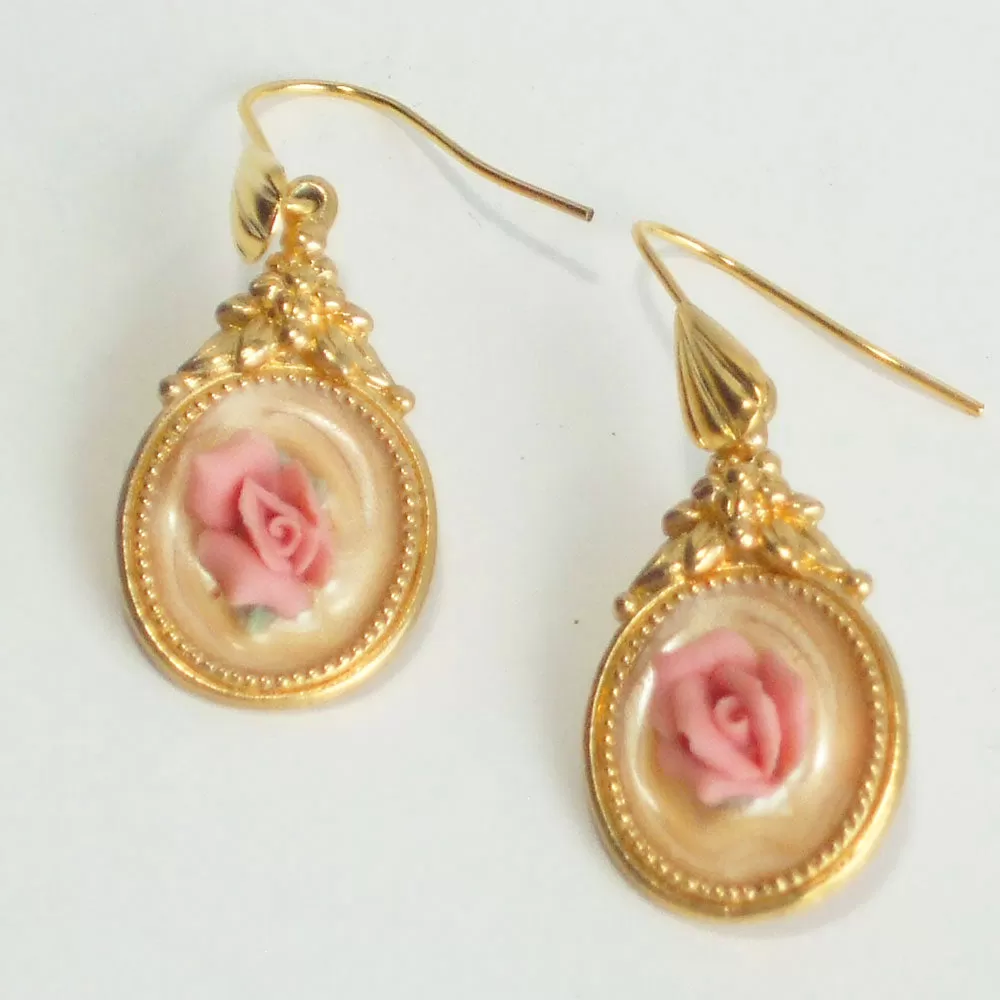 Danica, Cameo with Pink Rose, Dangle Earrings