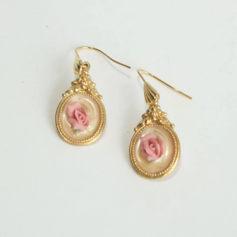 Danica, Cameo with Pink Rose, Dangle Earrings