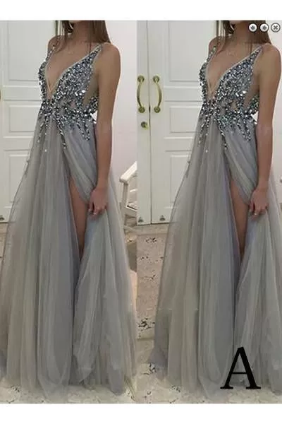 Deep V-neck Side Slit Grey Tulle Evening Dresses ,Cheap Prom Dresses,PDY0581