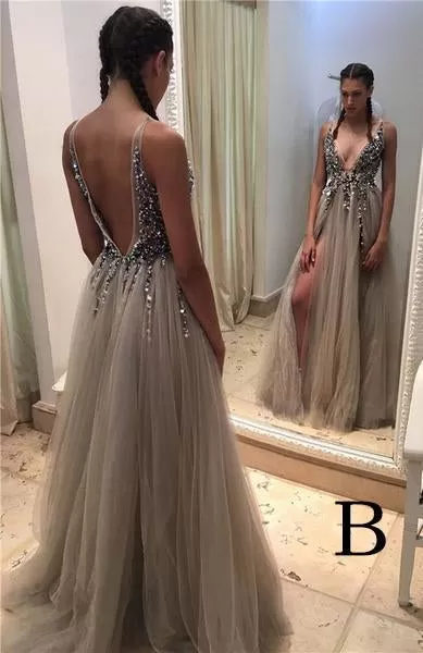 Deep V-neck Side Slit Grey Tulle Evening Dresses ,Cheap Prom Dresses,PDY0581