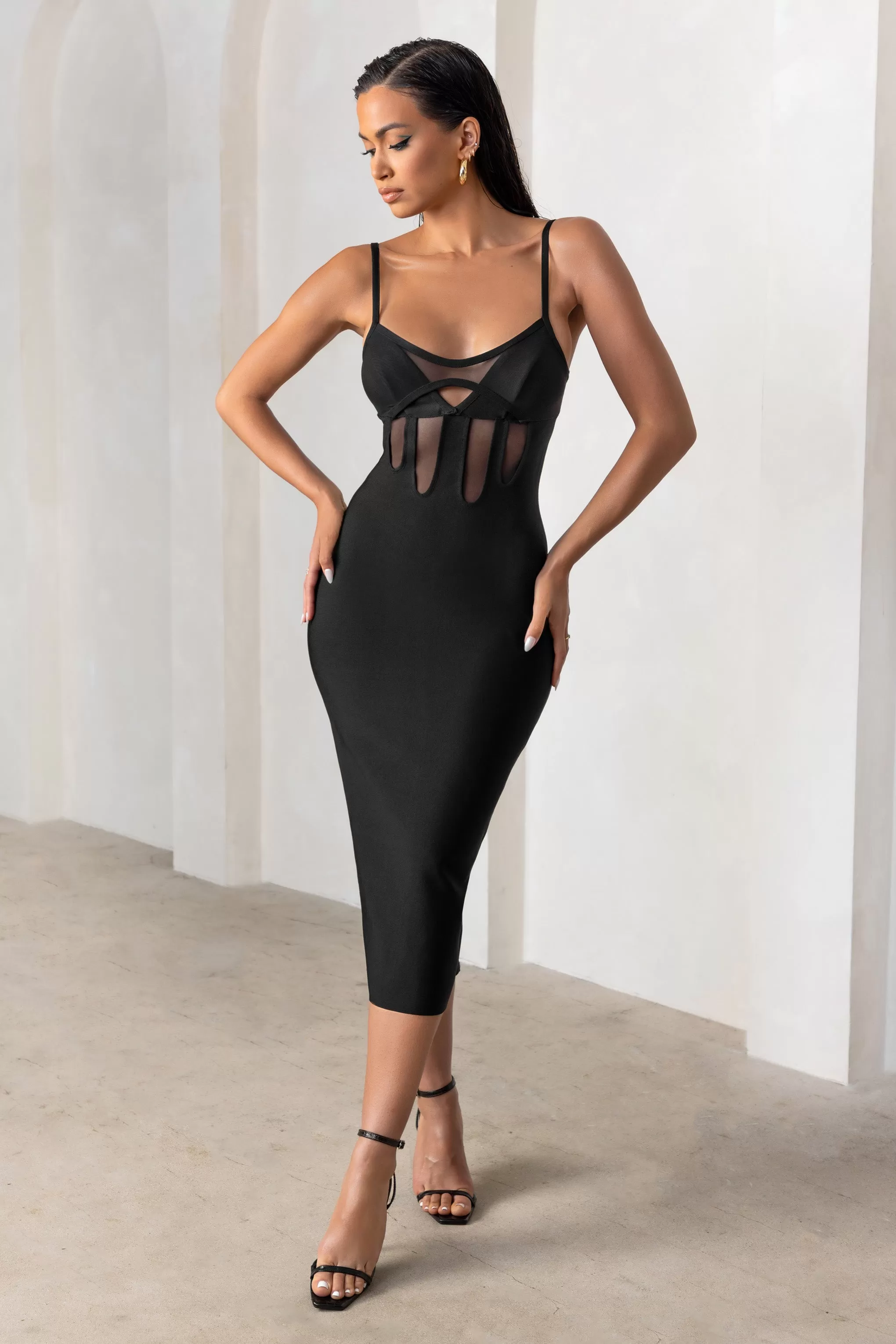 Destiny Calling | Black Bandage Mesh Cut Out Midi Dress With Bra Detail