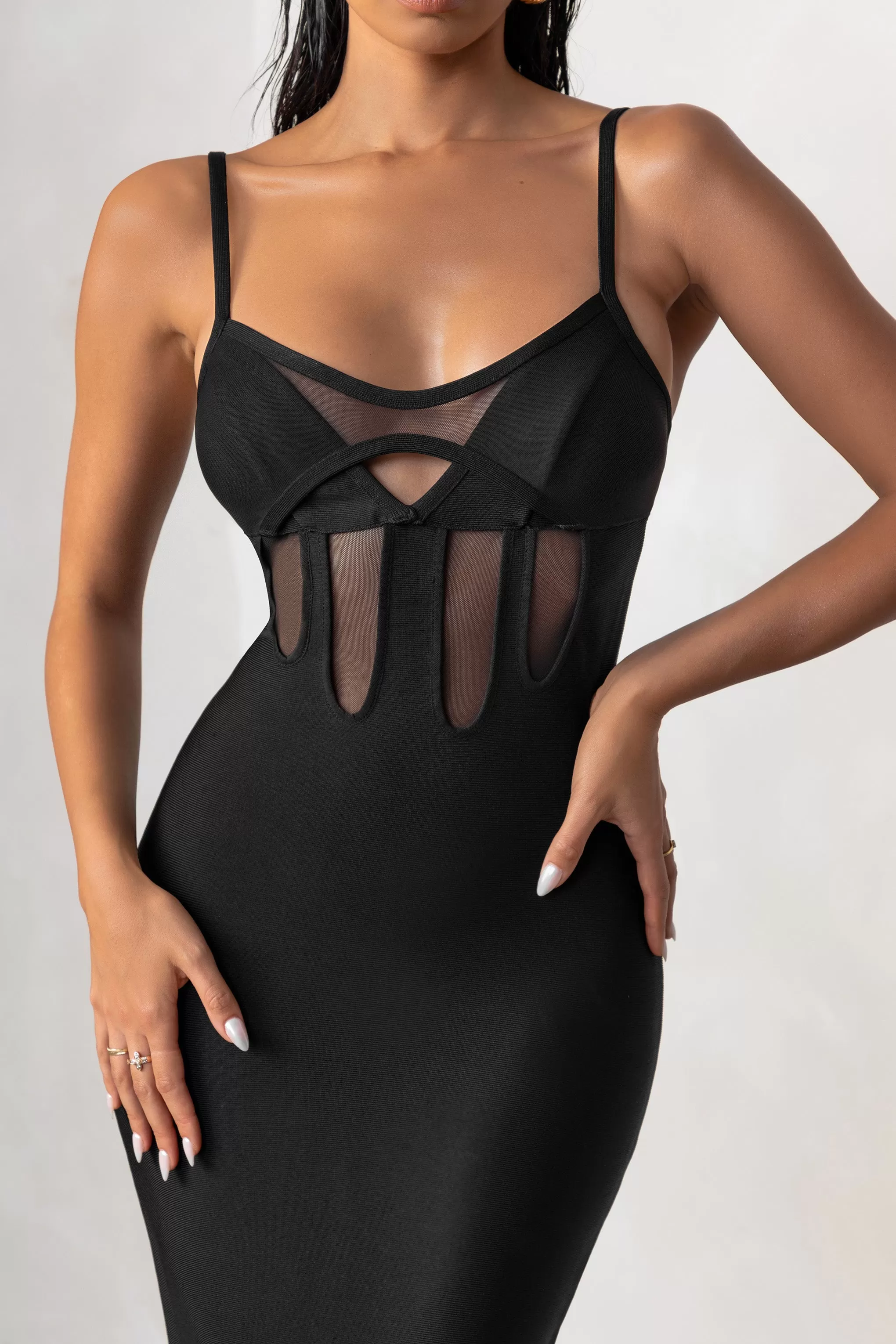 Destiny Calling | Black Bandage Mesh Cut Out Midi Dress With Bra Detail