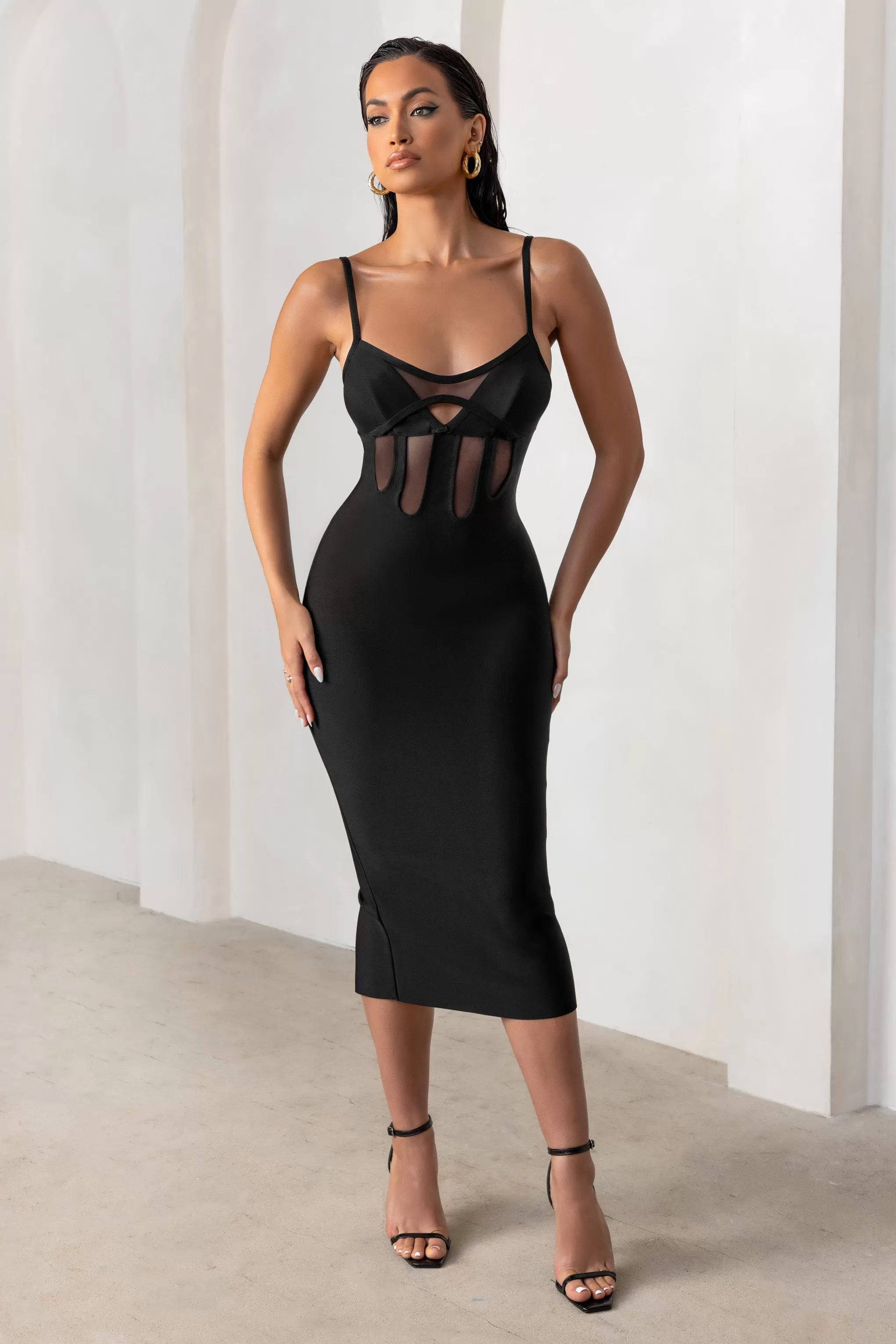 Destiny Calling | Black Bandage Mesh Cut Out Midi Dress With Bra Detail