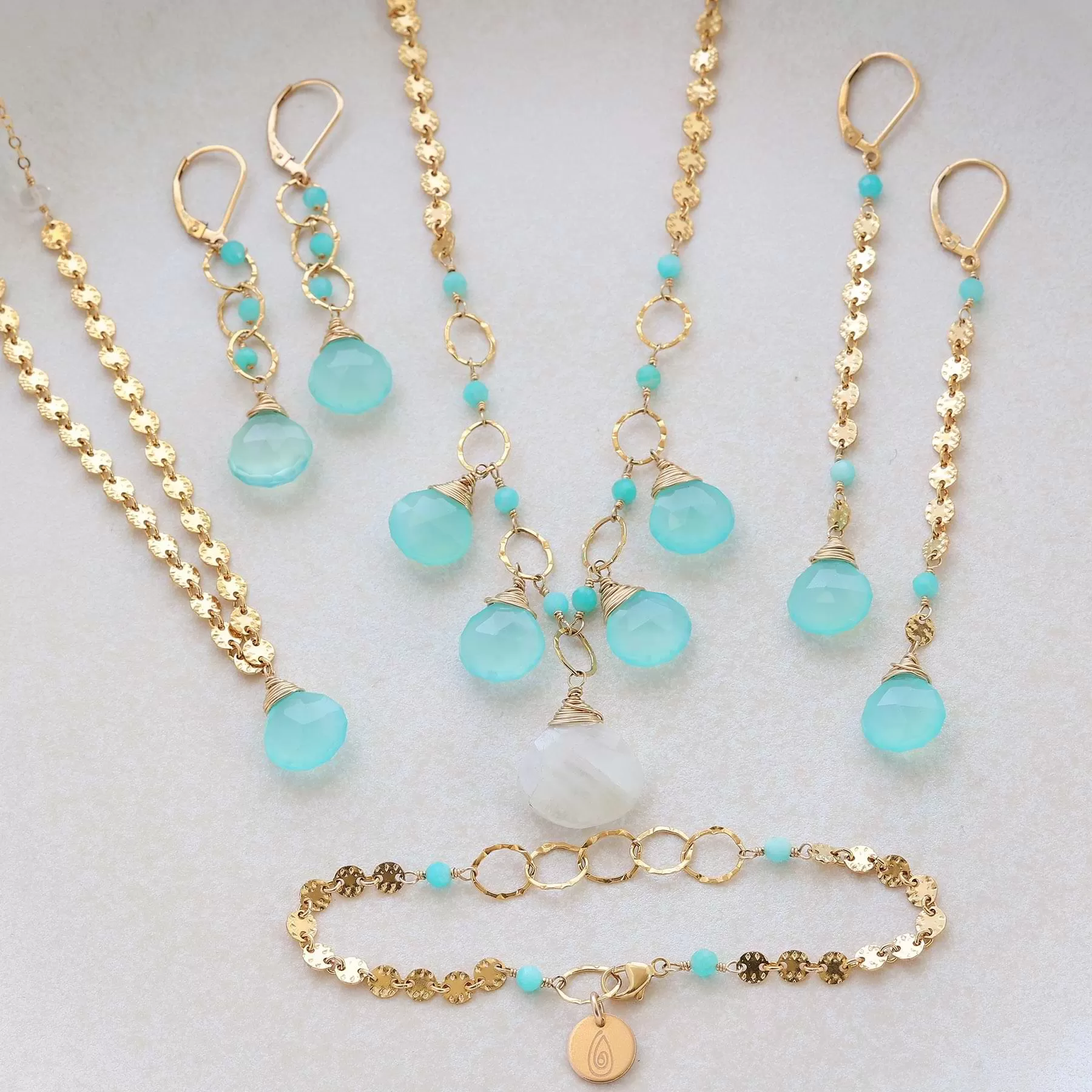 Driftwood - Aqua Chalcedony and Amazonite Gold Statement Earrings