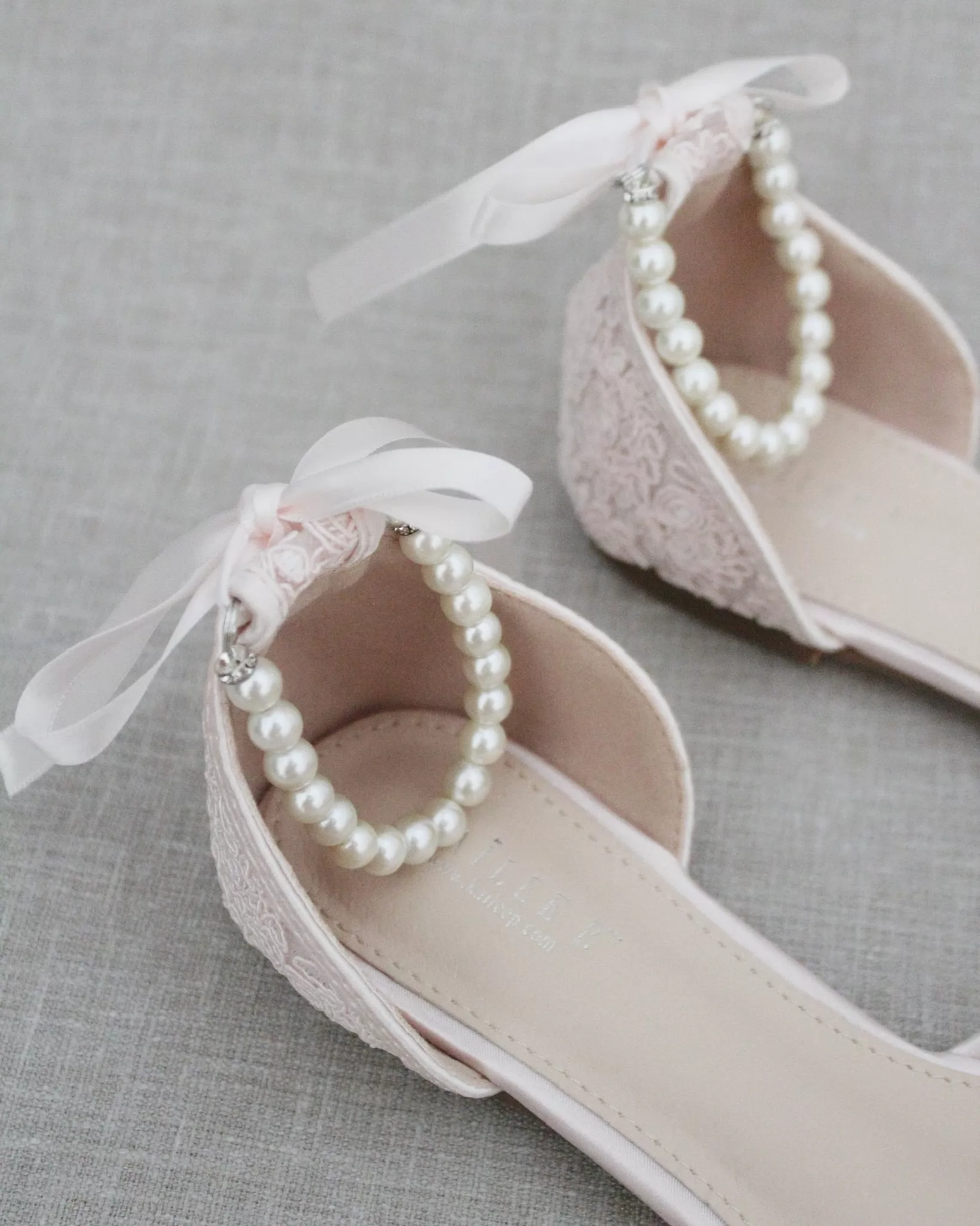 Dusty Pink Crochet Lace Pointy Toe with Pearls Ankle Strap