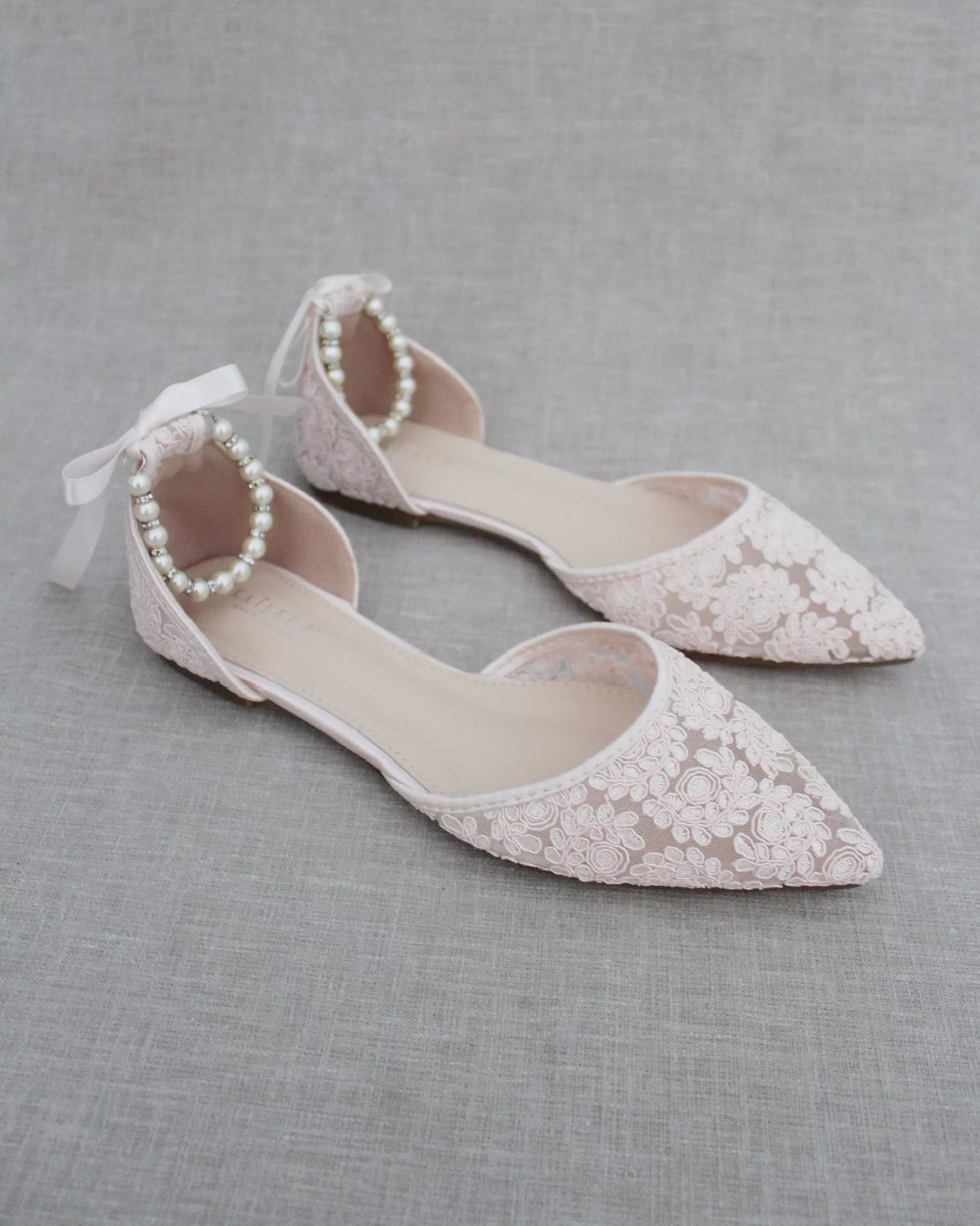 Dusty Pink Crochet Lace Pointy Toe with Pearls Ankle Strap