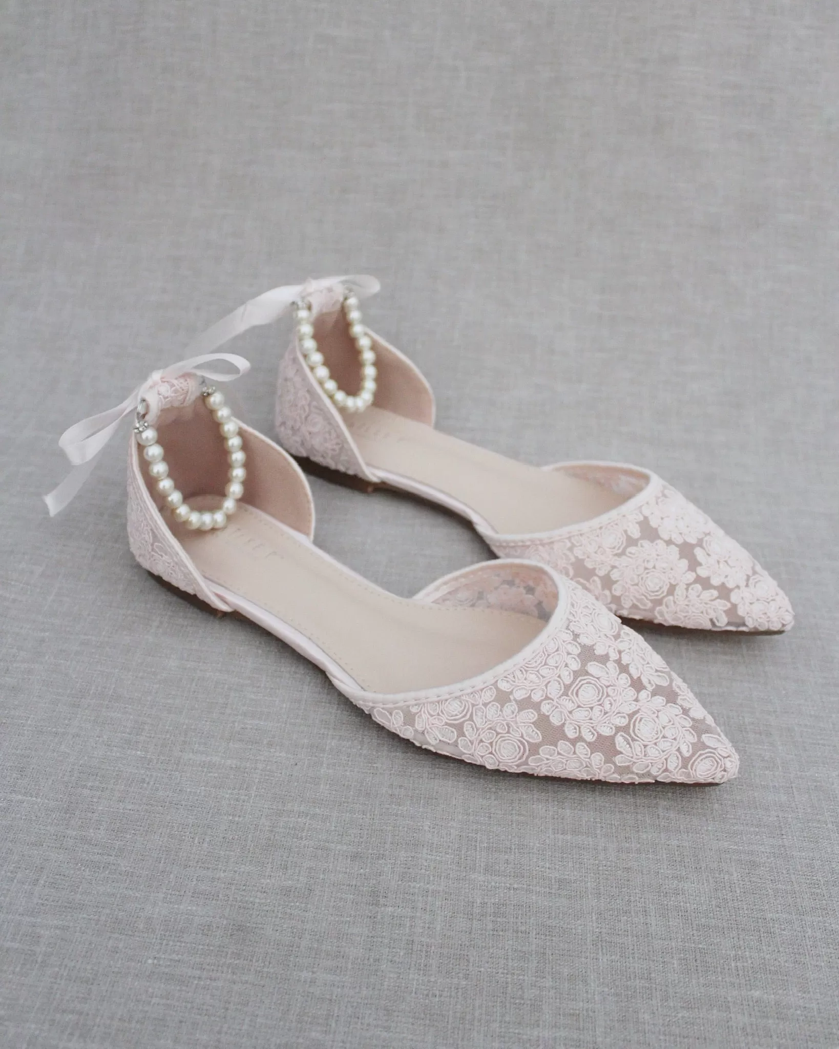 Dusty Pink Crochet Lace Pointy Toe with Pearls Ankle Strap