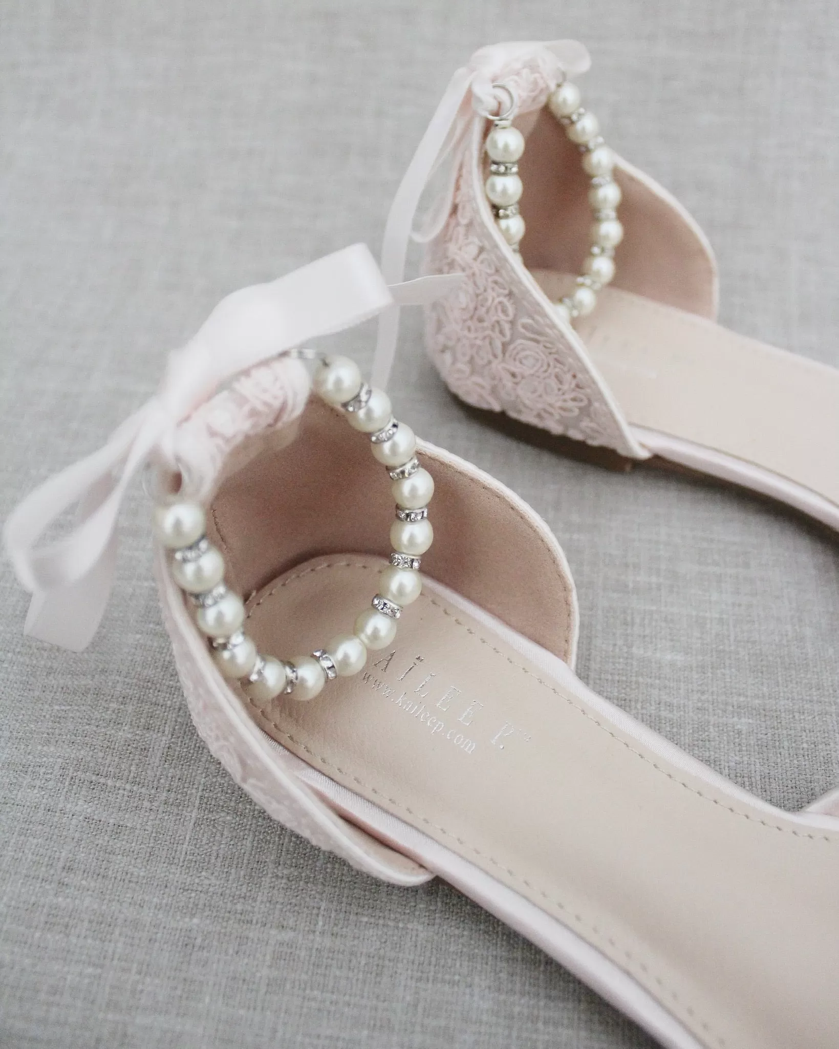 Dusty Pink Crochet Lace Pointy Toe with Pearls Ankle Strap