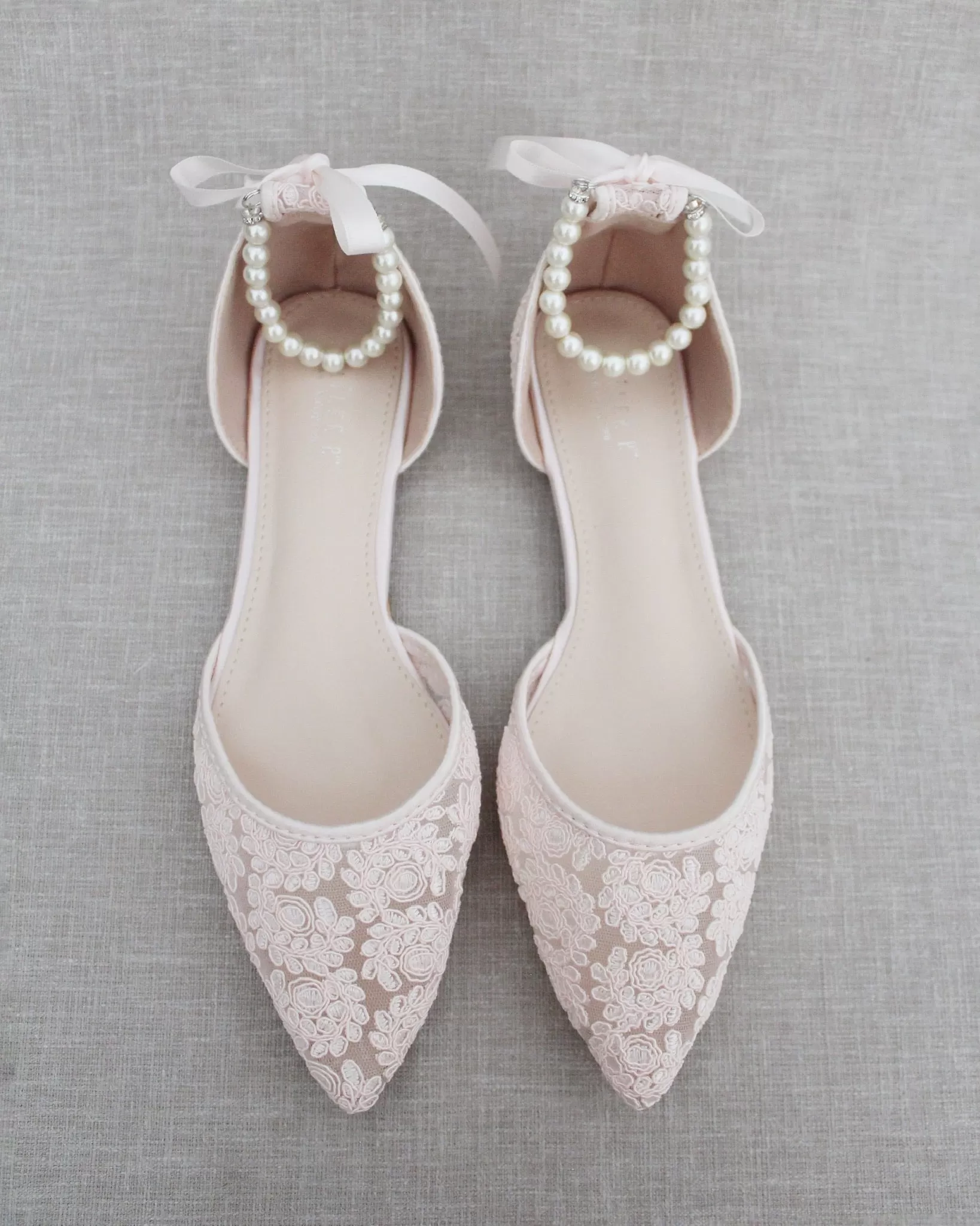 Dusty Pink Crochet Lace Pointy Toe with Pearls Ankle Strap