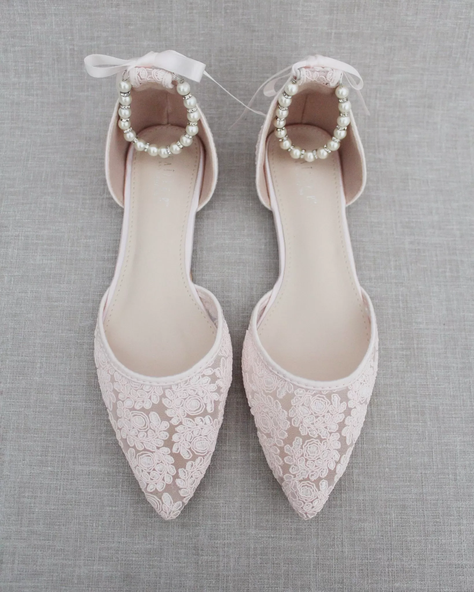 Dusty Pink Crochet Lace Pointy Toe with Pearls Ankle Strap