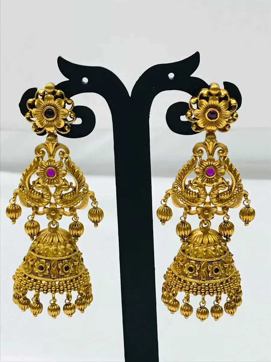 Elegant Antique Gold Matte Finished Radha Krishna Pendant Long Necklace With Beautiful Peacock Jhumka Earrings