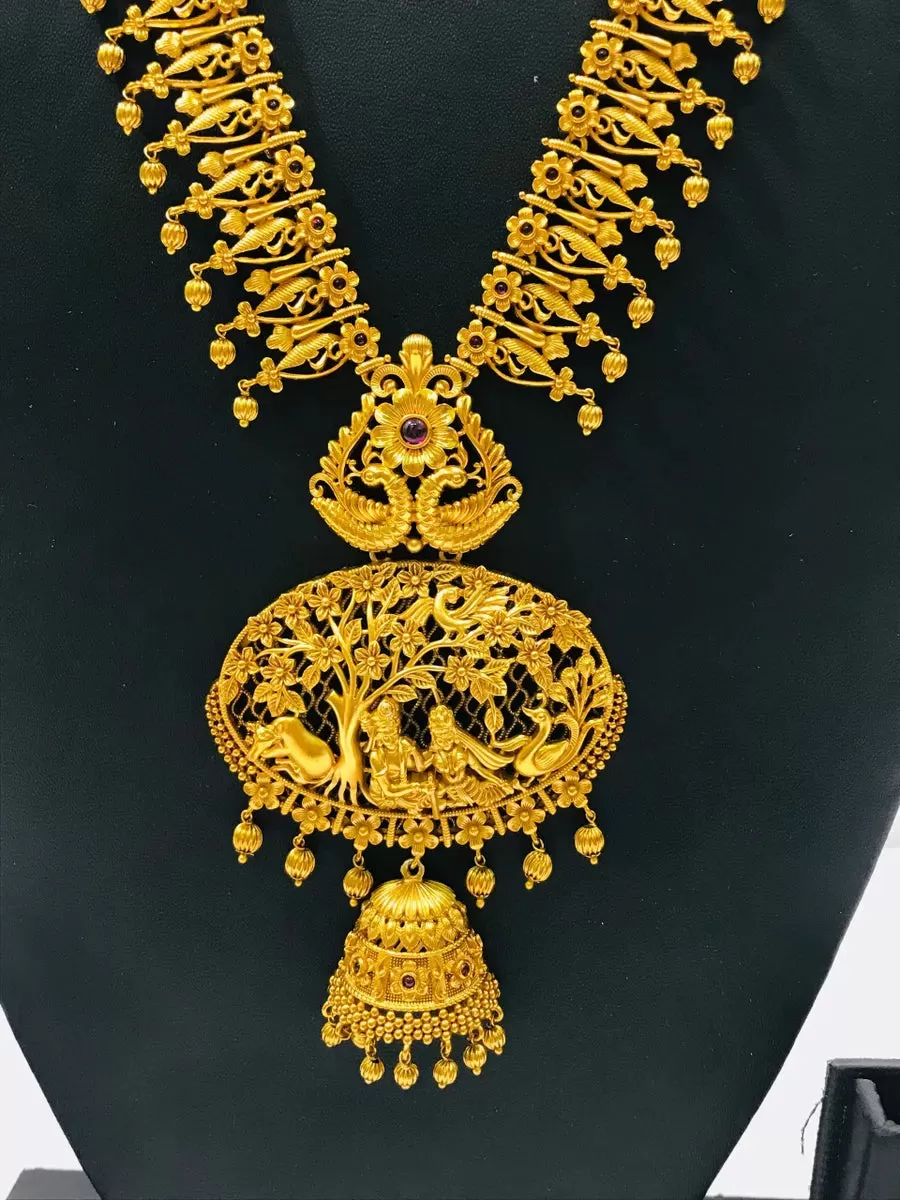 Elegant Antique Gold Matte Finished Radha Krishna Pendant Long Necklace With Beautiful Peacock Jhumka Earrings