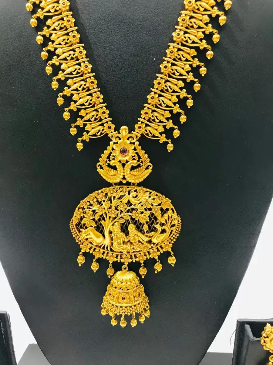 Elegant Antique Gold Matte Finished Radha Krishna Pendant Long Necklace With Beautiful Peacock Jhumka Earrings