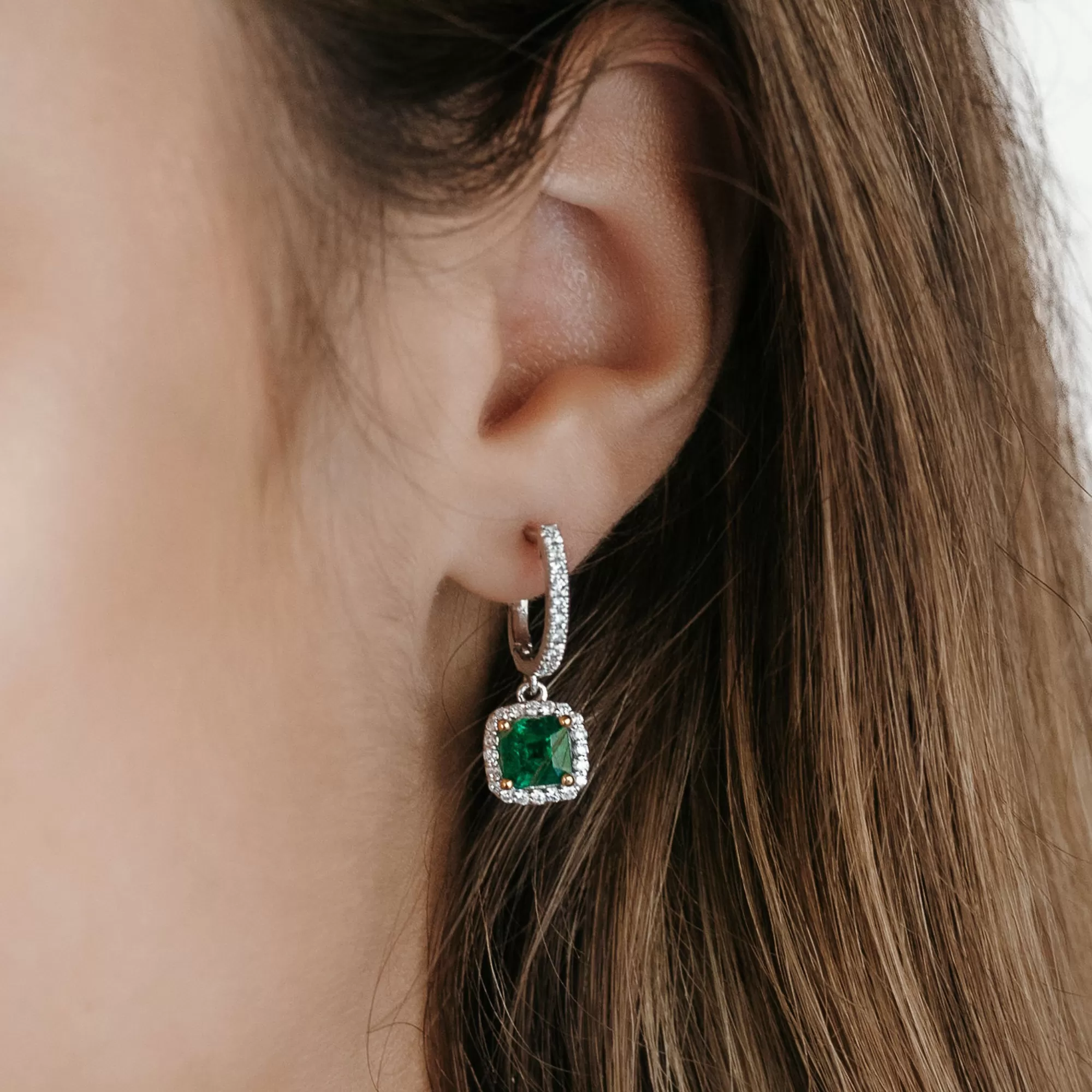 Emerald & Diamond Dangle U-Hoop Earrings