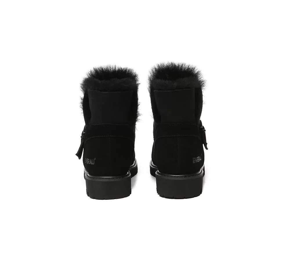 EVERAU UGG Women Sheepskin Wool Buckle Decor Ankle Boots Polarwalk