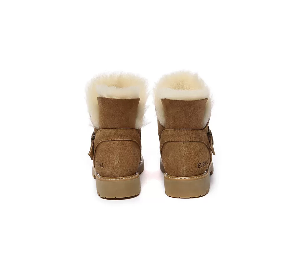 EVERAU UGG Women Sheepskin Wool Buckle Decor Ankle Boots Polarwalk