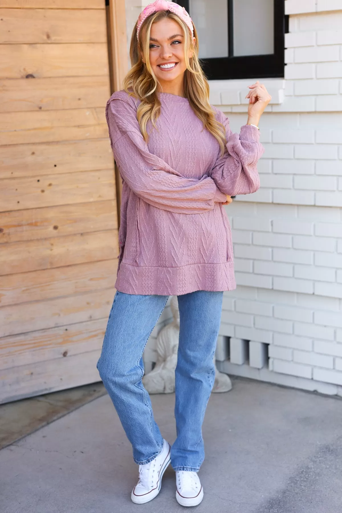 Explore More Collection - Back To Basics Mauve Jacquard Cable Pullover Top