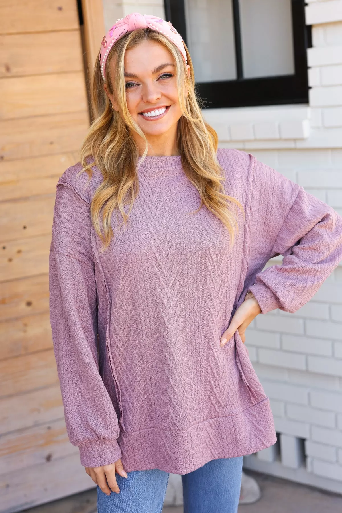 Explore More Collection - Back To Basics Mauve Jacquard Cable Pullover Top