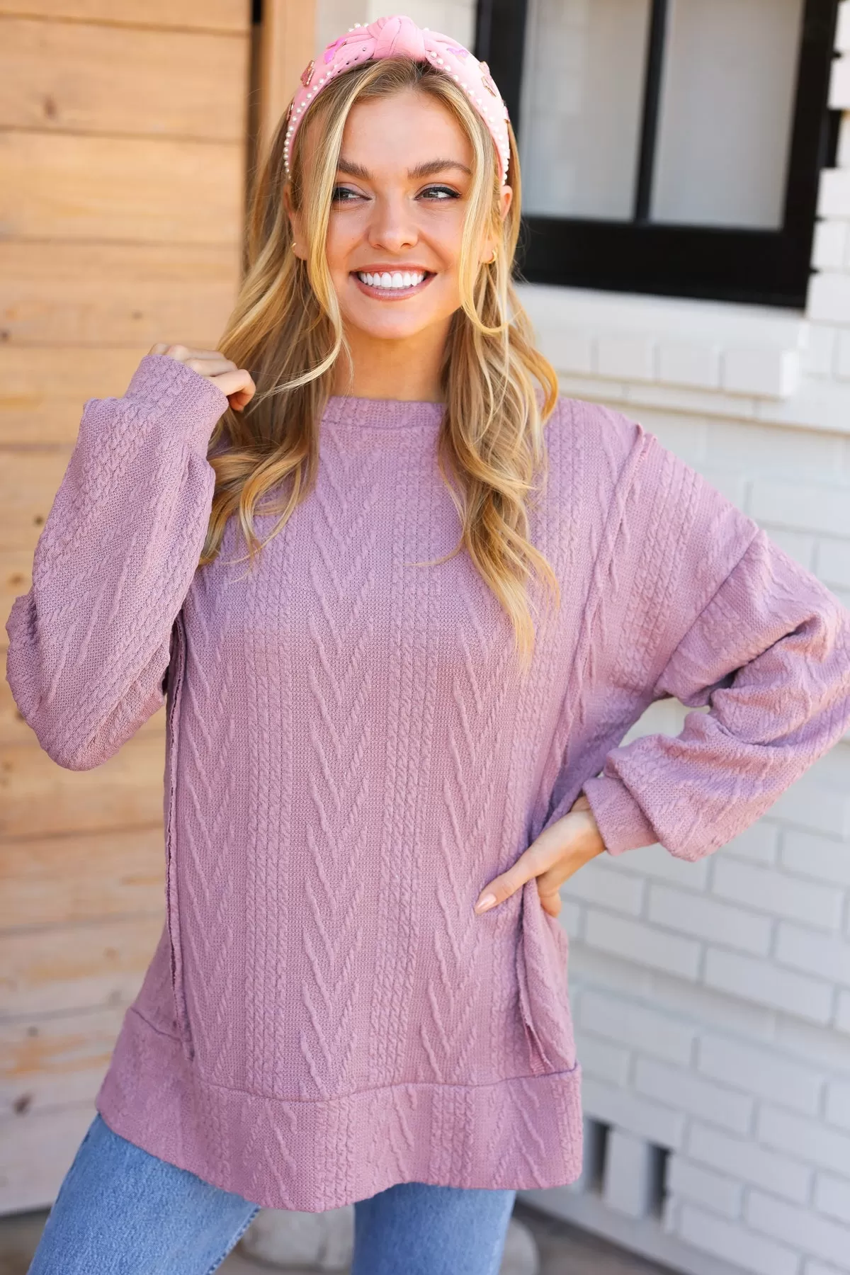 Explore More Collection - Back To Basics Mauve Jacquard Cable Pullover Top