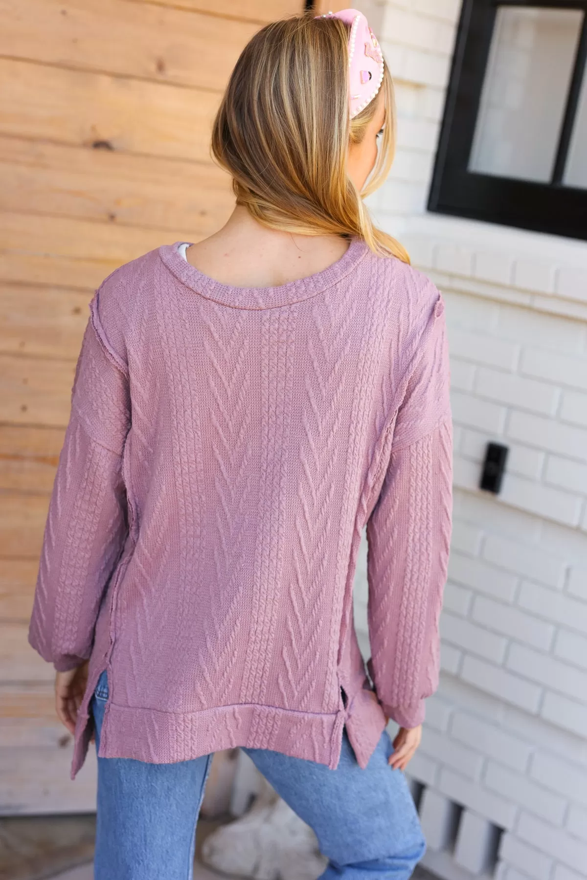 Explore More Collection - Back To Basics Mauve Jacquard Cable Pullover Top