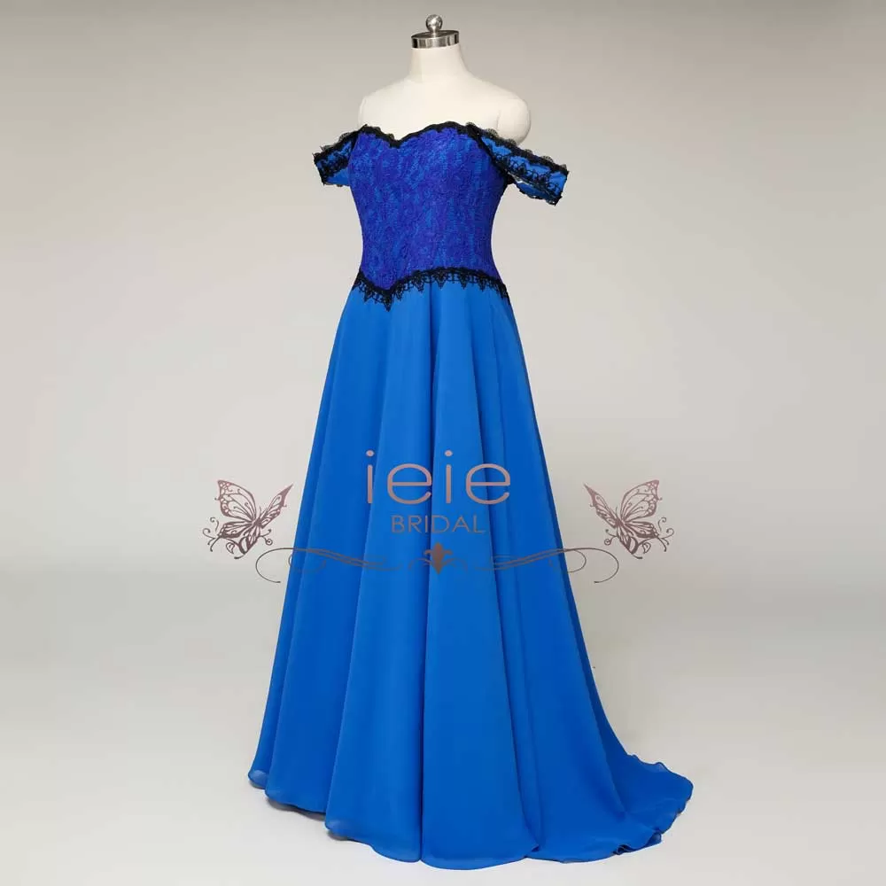 Fantasy Theme Royal Blue Lace Wedding Dress with Black Cape | MAUDE