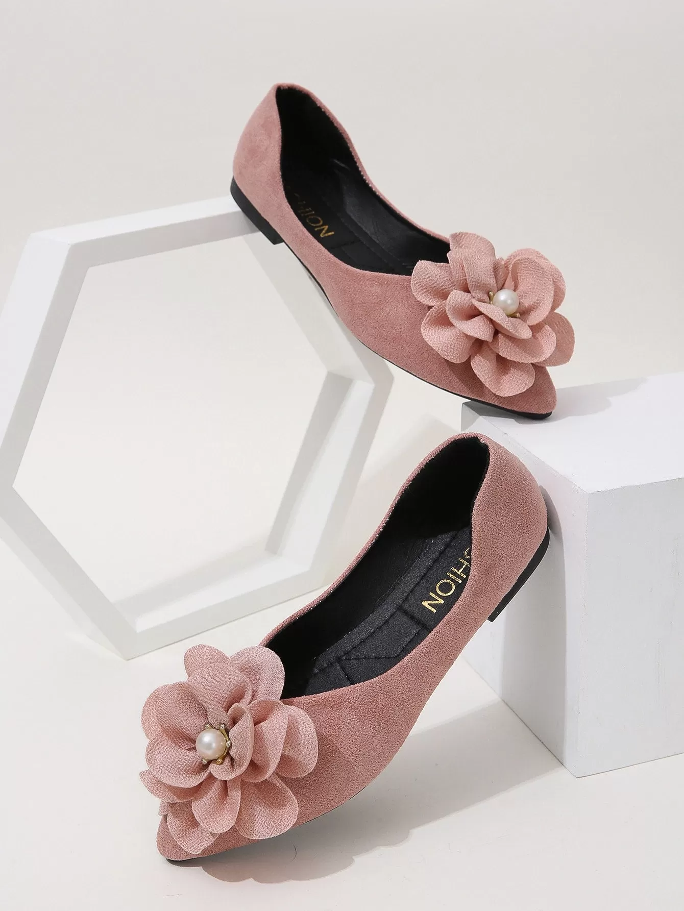 Faux Suede Flower Decor Point Toe Ballet Flats