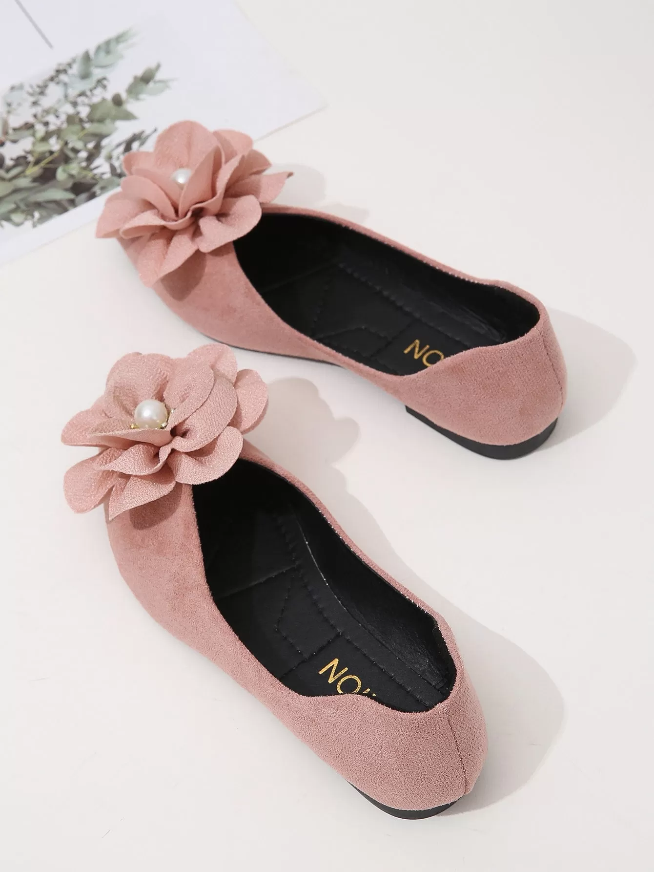 Faux Suede Flower Decor Point Toe Ballet Flats