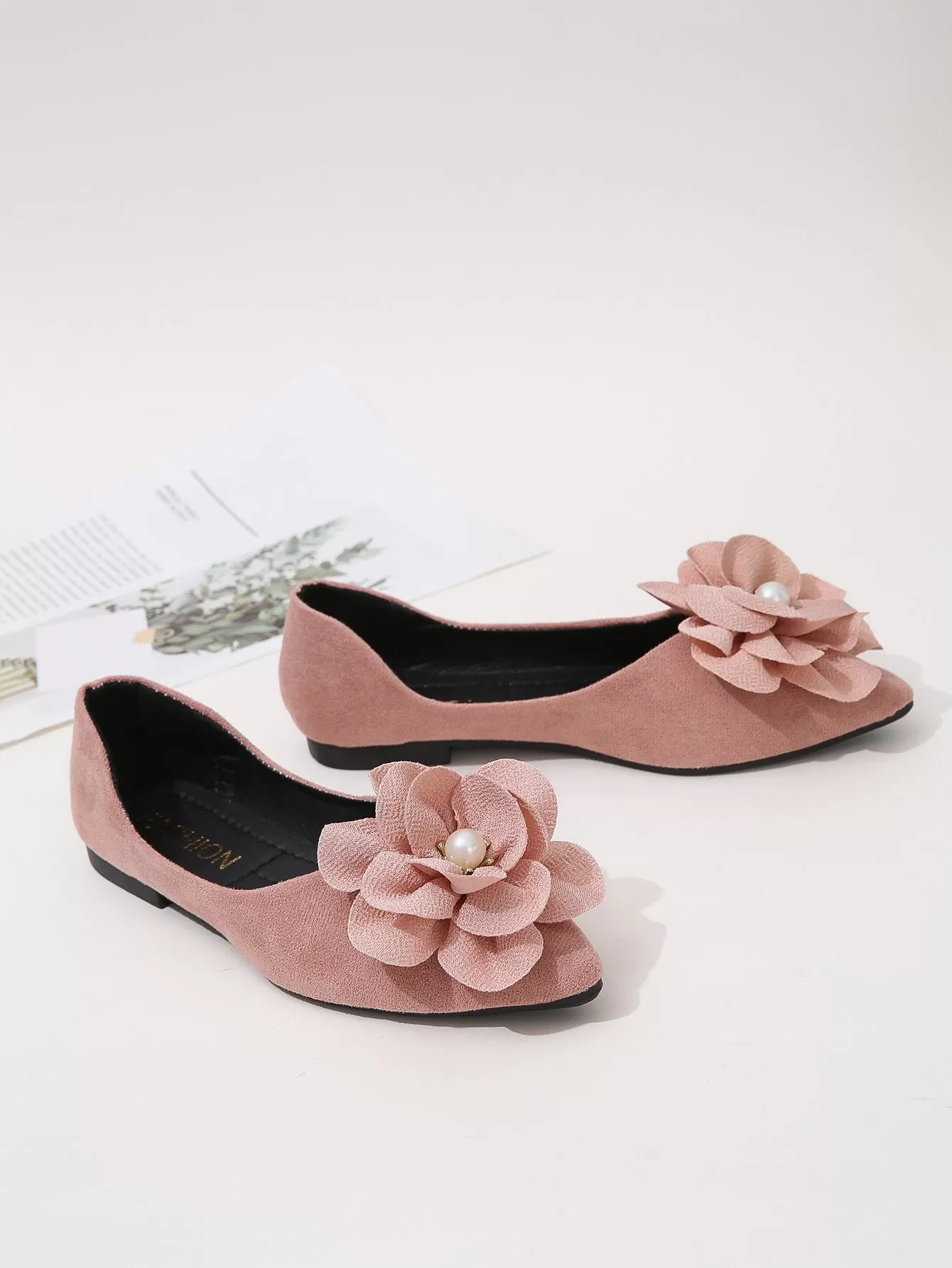 Faux Suede Flower Decor Point Toe Ballet Flats