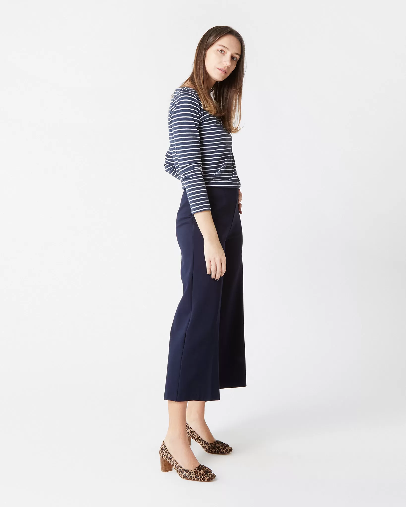 Faye Wide-Leg Cropped Pant in Navy Ponte Knit