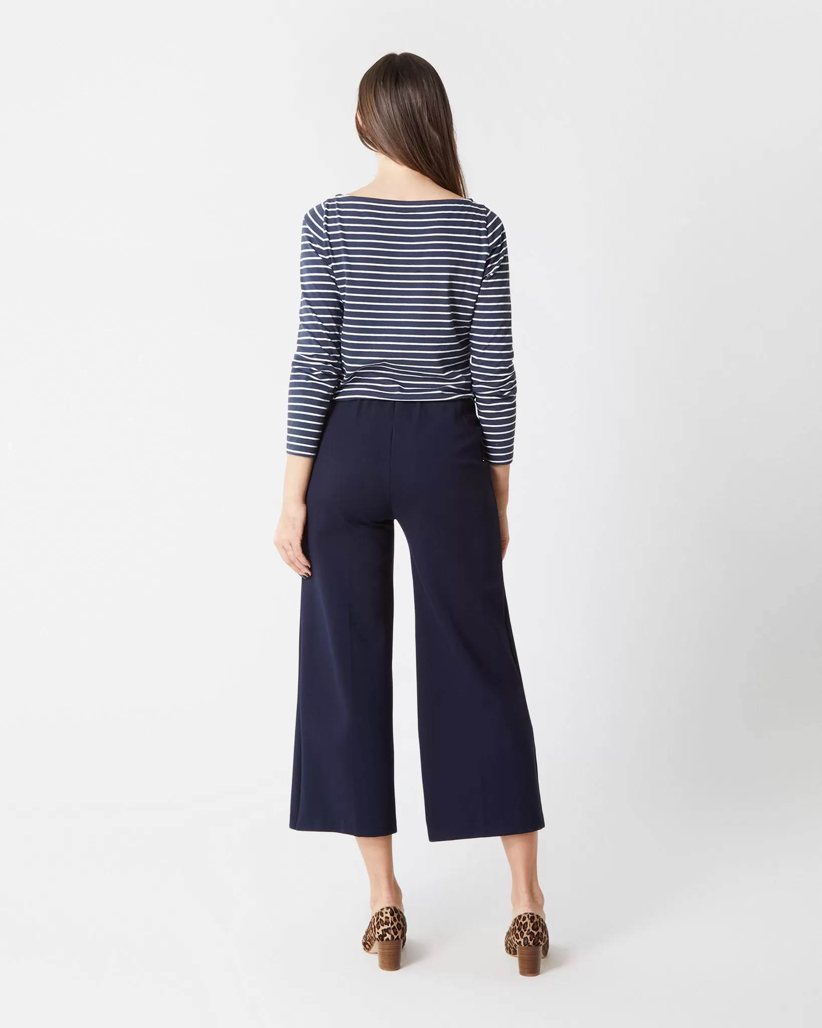 Faye Wide-Leg Cropped Pant in Navy Ponte Knit