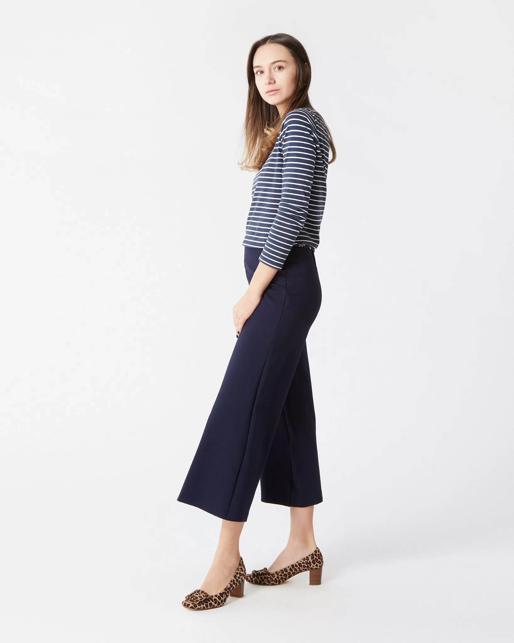 Faye Wide-Leg Cropped Pant in Navy Ponte Knit