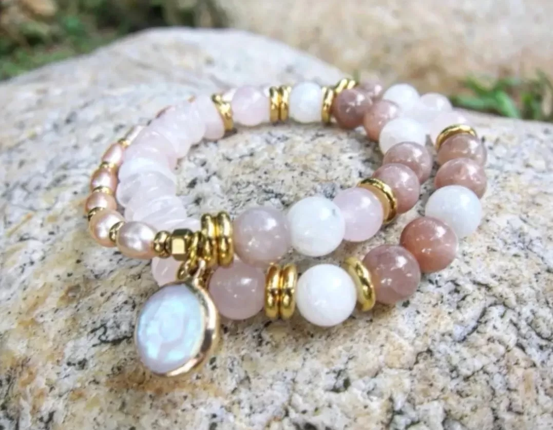 Full Moon Bracelet in Sunstone, Moonstone, Rose Quartz and Freshwater Pearls