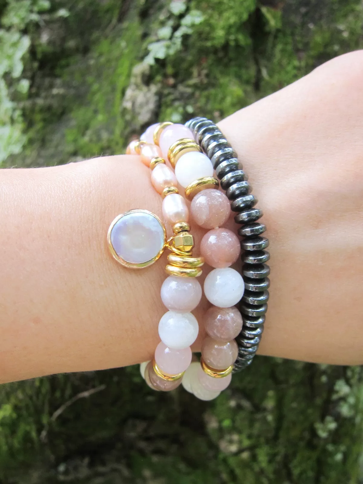 Full Moon Bracelet in Sunstone, Moonstone, Rose Quartz and Freshwater Pearls