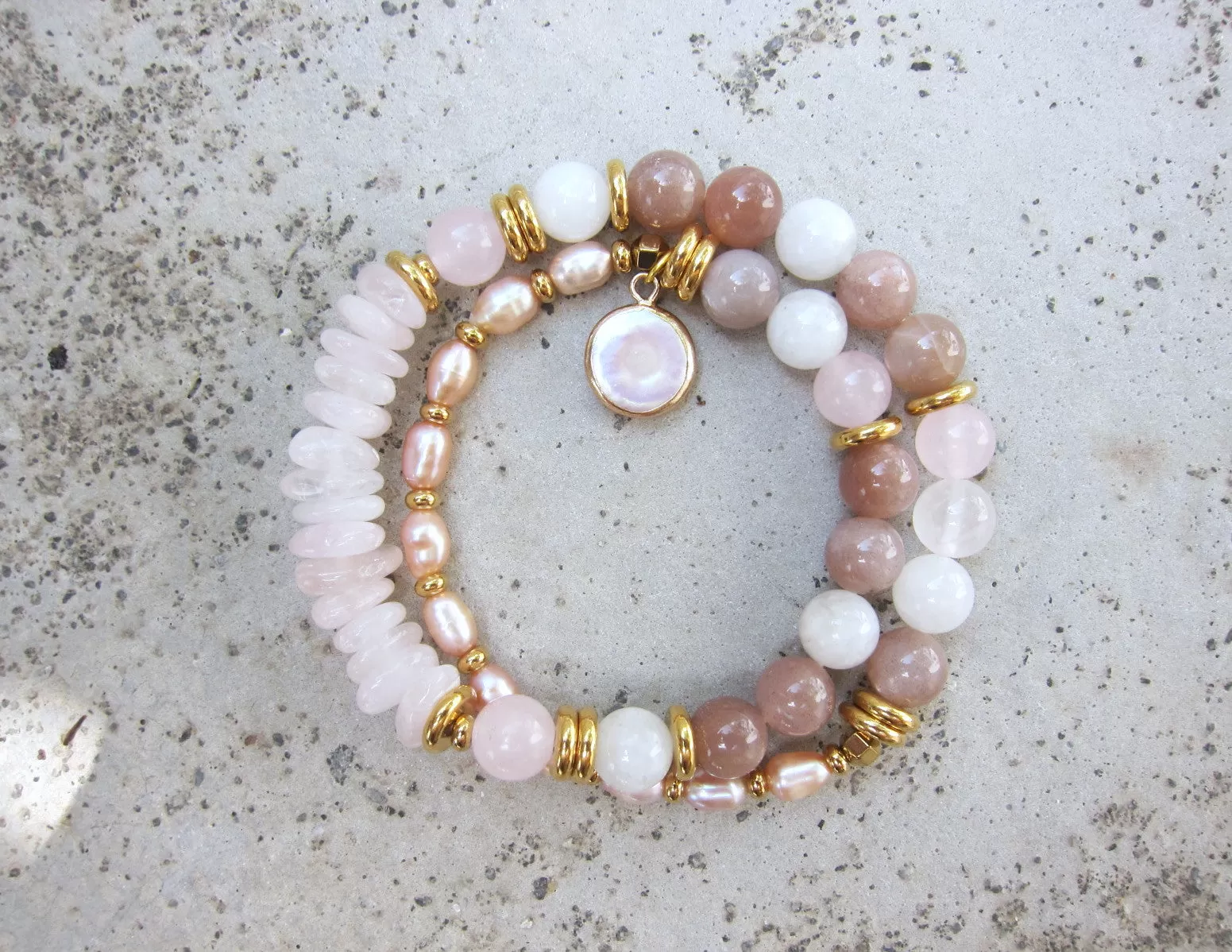 Full Moon Bracelet in Sunstone, Moonstone, Rose Quartz and Freshwater Pearls