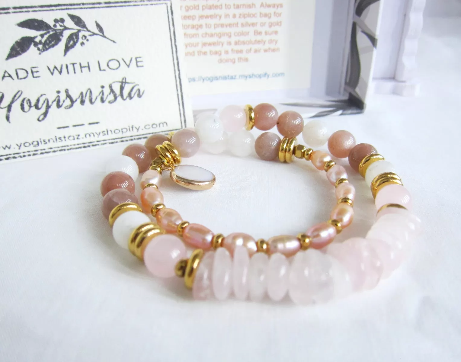 Full Moon Bracelet in Sunstone, Moonstone, Rose Quartz and Freshwater Pearls