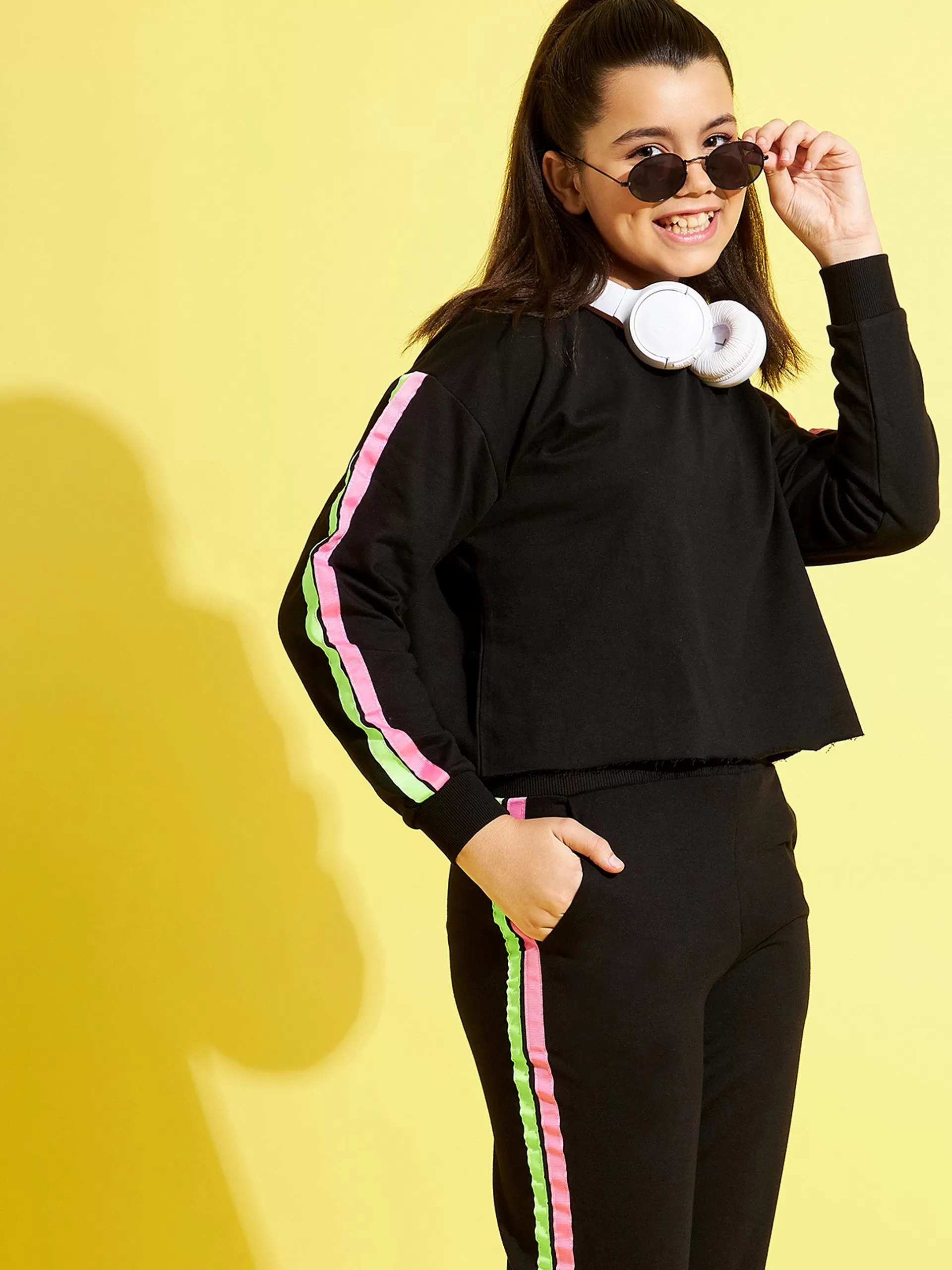 Girls Black Terry Shoulder Tape Crop Sweatshirt