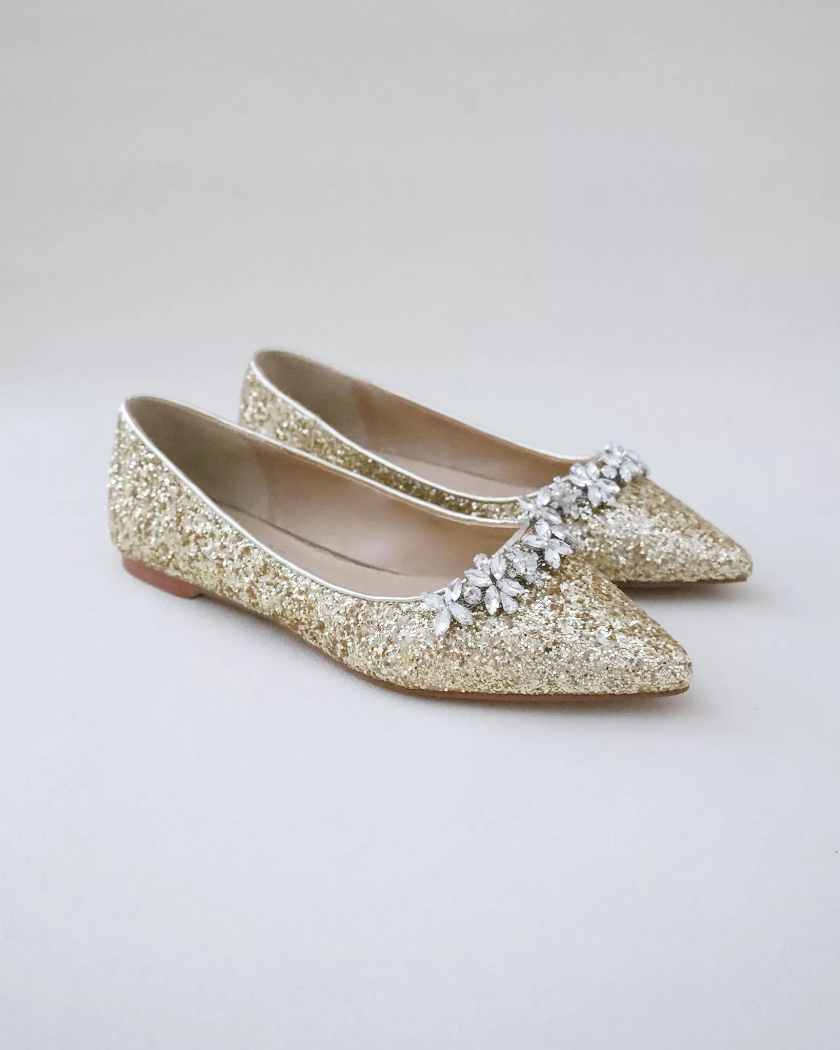 Gold Evening Pointy Toe Glitter Flats with Floral Rhinestones