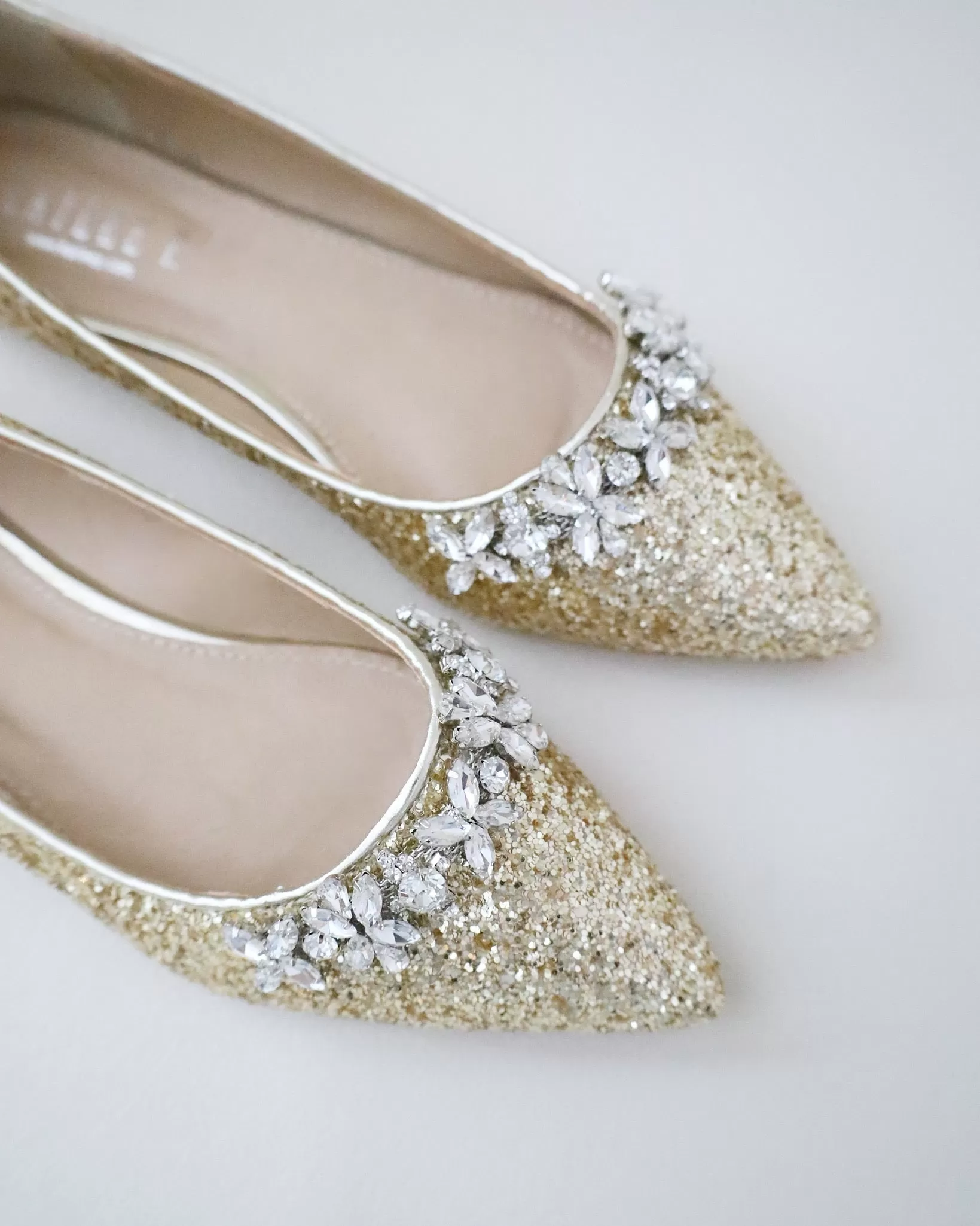 Gold Evening Pointy Toe Glitter Flats with Floral Rhinestones