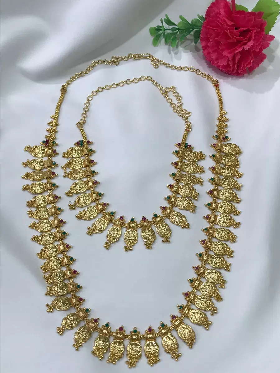 Gold Plated Lakshmi Temple Coin Long Chain With Choker Set