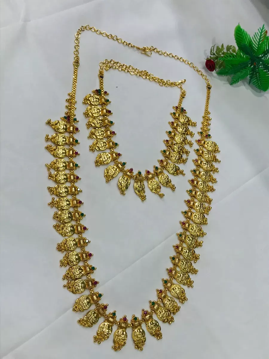 Gold Plated Lakshmi Temple Coin Long Chain With Choker Set