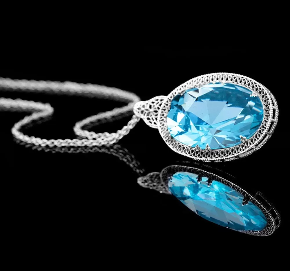 Gothic Style Oval Aquamarine Gemstone Pendant Necklace