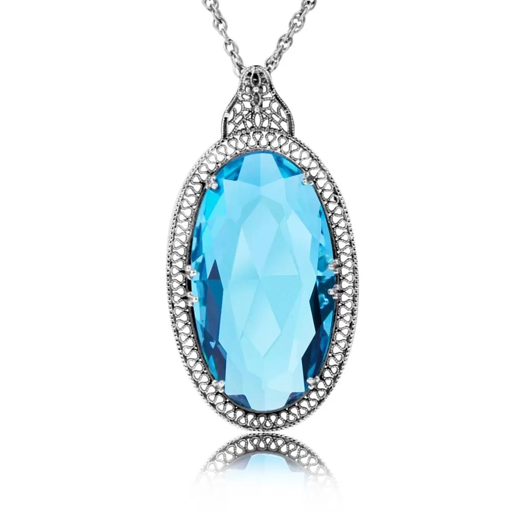 Gothic Style Oval Aquamarine Gemstone Pendant Necklace