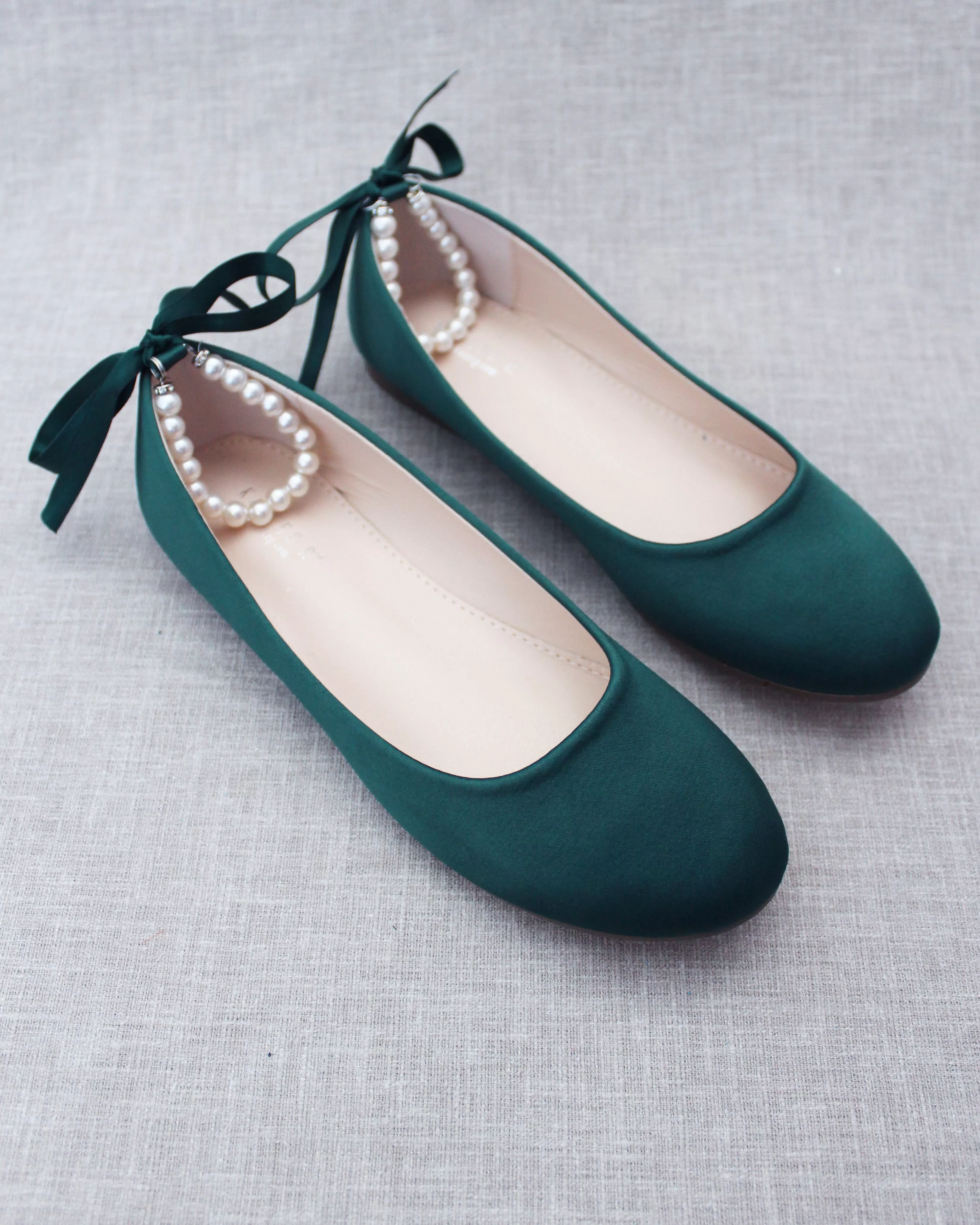 Hunter Green Round Toe Evening Flat with Pearl Strap